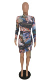 Pink Sexy Print Fold O Neck Wrapped Skirt Dresses