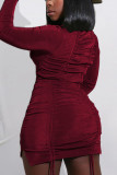 Wine Red Sexy Solid U Neck Pencil Skirt Dresses