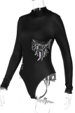 Black Sexy Print Patchwork Half A Turtleneck Skinny Bodysuits
