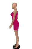 Rose Red Fashion Sexy Solid Backless One Shoulder Sleeveless Dress