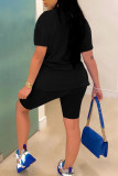 Black Fashion Casual Letter Print Basic O Neck Short Sleeve Two Pieces