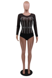 Red Sexy Solid Pearl O Neck Skinny Bodysuits
