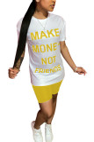 Yellow Polyester Fashion Street Letter Print Two Piece Suits Straight Short Sleeve Two Pieces