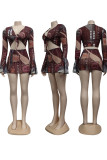 Black Sexy Print Bandage V Neck Long Sleeve Two Pieces