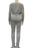Grey Fashion British Style Adult Polyester Solid Draw String Fold O Neck Long Sleeve Regular Sleeve Short Two Pieces