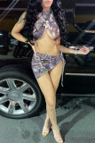 Grey Fashion Sexy Print See-through Backless Strap Design Halter Sleeveless Two Pieces