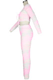 Pink Casual Striped Hollowed Out Patchwork V Neck Long Sleeve Regular Sleeve Short Two Pieces