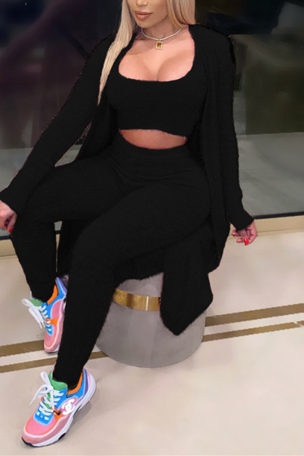 Black Fashion Casual Solid Basic U Neck Long Sleeve Three-piece Set
