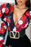 Red Sexy Print Patchwork V Neck Skinny Bodysuits