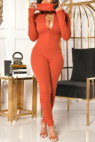 Red Casual Solid Without Belt O Neck Regular Jumpsuits