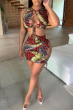 Red Fashion Sexy Print Hollowed Out Strap Design O Neck Short Sleeve Two Pieces