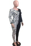 Grey Europe and America Street V Neck Leopard Stitching Plus Size