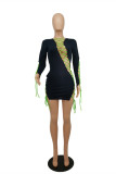 Black Fashion Sexy Solid Hollowed Out Strap Design Long Sleeve Dresses