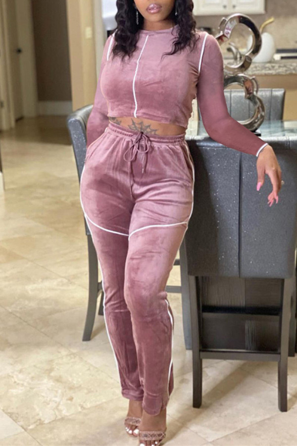 Pink Fashion Casual Solid Patchwork O Neck Long Sleeve Two Pieces