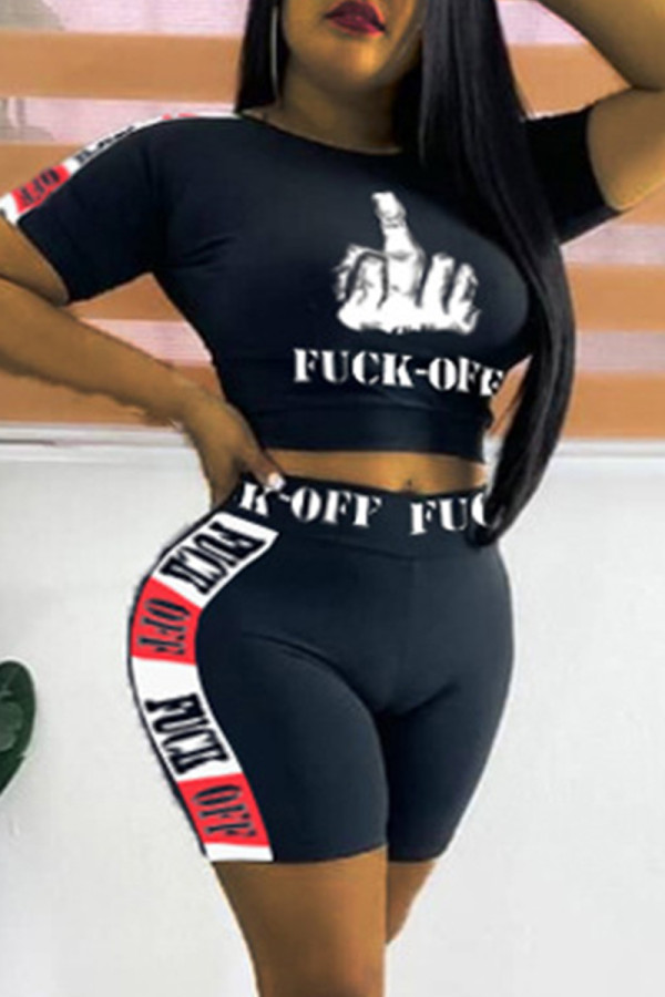 Black Fashion Casual Letter Print Basic O Neck Short Sleeve Two Pieces