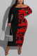 Red Casual Print Patchwork Bateau Neck Wrapped Skirt Dresses