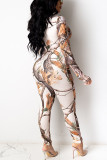 Grey Casual Floral Patchwork Tie-dye O Neck Regular Jumpsuits
