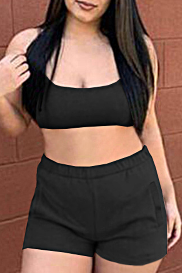 Black Sportswear Solid Patchwork U Neck Sleeveless Two Pieces