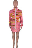 Pink Fashion adult Ma'am Street Cap Sleeve Long Sleeves O neck Step Skirt Knee-Length Print chain Dresses