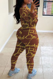 Orange Sexy Adult Print O Neck Long Sleeve Two Pieces