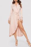 Pink Work Heap sleeves Long Sleeves V Neck Asymmetrical Mid-Calf stringy selvedge Solid Long S