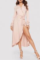 Pink Polyester Work Heap sleeves Long Sleeves V Neck Asymmetrical Mid-Calf stringy selvedge Solid Long S