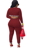 Wine Red Casual Solid Long Sleeve O Neck Jumpsuits