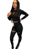 Black OL Two Piece Suits Patchwork Mesh Solid pencil Long Sleeve