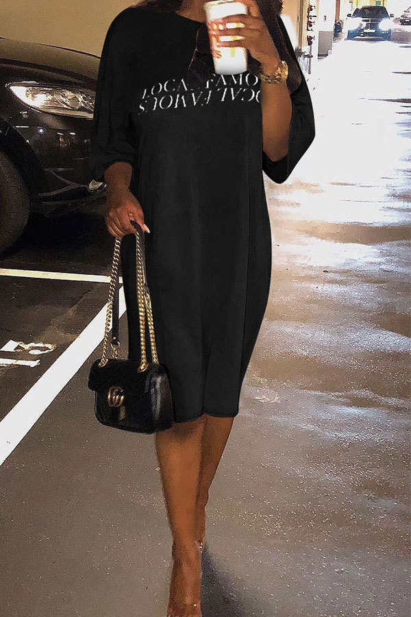 Black Sexy Fashion Cap Sleeve Short Sleeves O neck Straight Knee-Length Print 