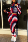 Red Casual Striped Print Letter O Neck Long Sleeve Two Pieces