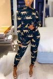 Blue Sexy Print Hollowed Out Half A Turtleneck Skinny Jumpsuits