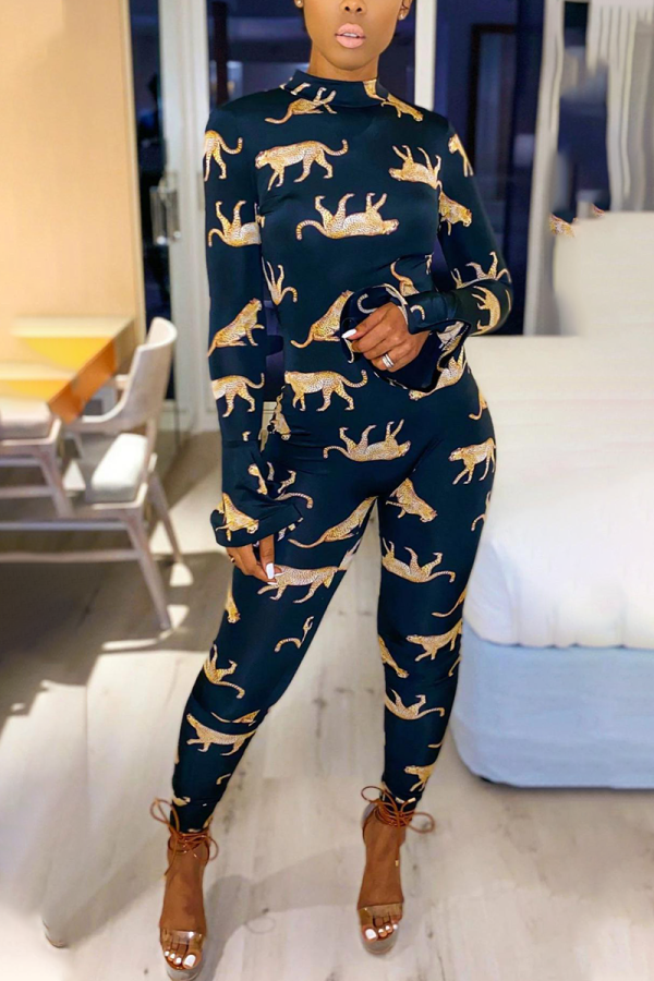 Blue Sexy Print Hollowed Out Half A Turtleneck Skinny Jumpsuits