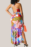 Red Fashion Sexy Print Backless Slit Spaghetti Strap Sleeveless Dress