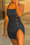 Red Sexy Plaid Buttons Halter Pencil Skirt Dresses
