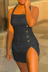 Black Sexy Plaid Buttons Halter Pencil Skirt Dresses