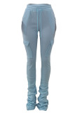 Sky Blue Casual Solid Pocket Fold Boot Cut Patchwork Bottoms
