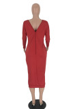 Red Casual Long Sleeves V Neck Slim Dress Mid-Calf Solid Casual Dresses