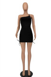 Rose Red Fashion Sexy Solid Backless One Shoulder Sleeveless Dress