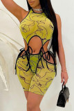 Pink Sexy Print Bandage O Neck Sleeveless Two Pieces