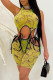 Yellow Sexy Print Bandage O Neck Sleeveless Two Pieces
