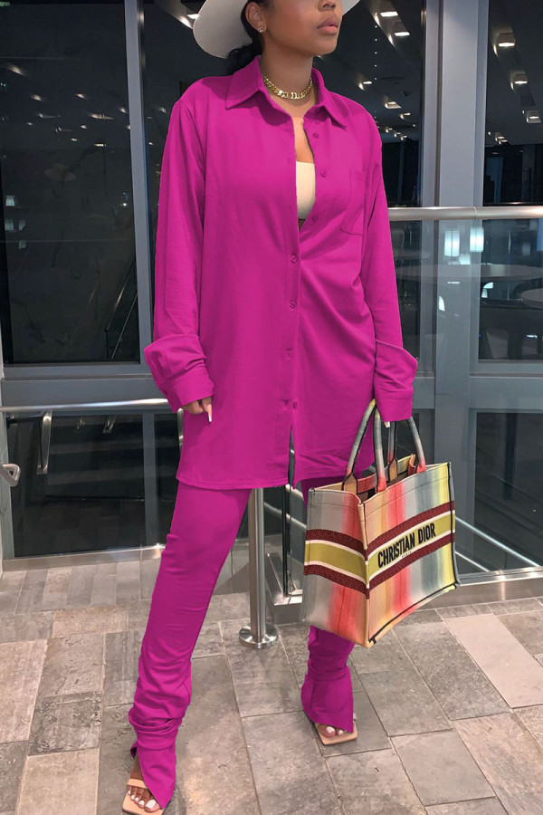Rose Red Daily Solid Asymmetrical Shirt Collar Long Sleeve Two Pieces