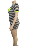 Green Fashion Casual adult Ma'am O Neck Striped Patchwork Stripe Plus Size