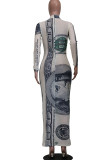 Grey Fashion Sexy adult Ma'am Cap Sleeve Long Sleeves O neck Step Skirt Ankle-Length Print Mesh Dresses