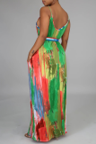 Green Sexy Print Split Joint Spaghetti Strap Straight Dresses