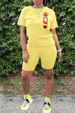 Yellow Fashion Casual Letter Print Basic O Neck Short Sleeve Two Pieces