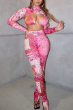 Pink Sexy Print O Neck Long Sleeve Two Pieces