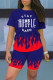 Blue Fashion Casual Letter Print Basic O Neck Short Sleeve Two Pieces