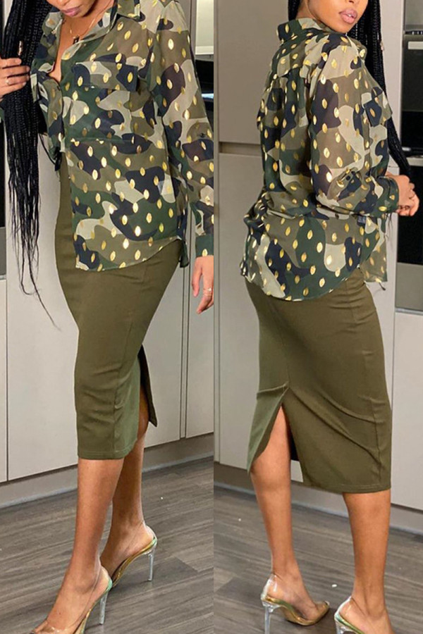 Army Green Fashion Casual Print Basic Turndown Collar Tops