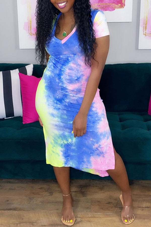 Light Blue Fashion Casual Print Tie Dye Slit V Neck Short Sleeve Dress
