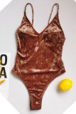 Deep Coffee Sexy Solid Backless Swimwears